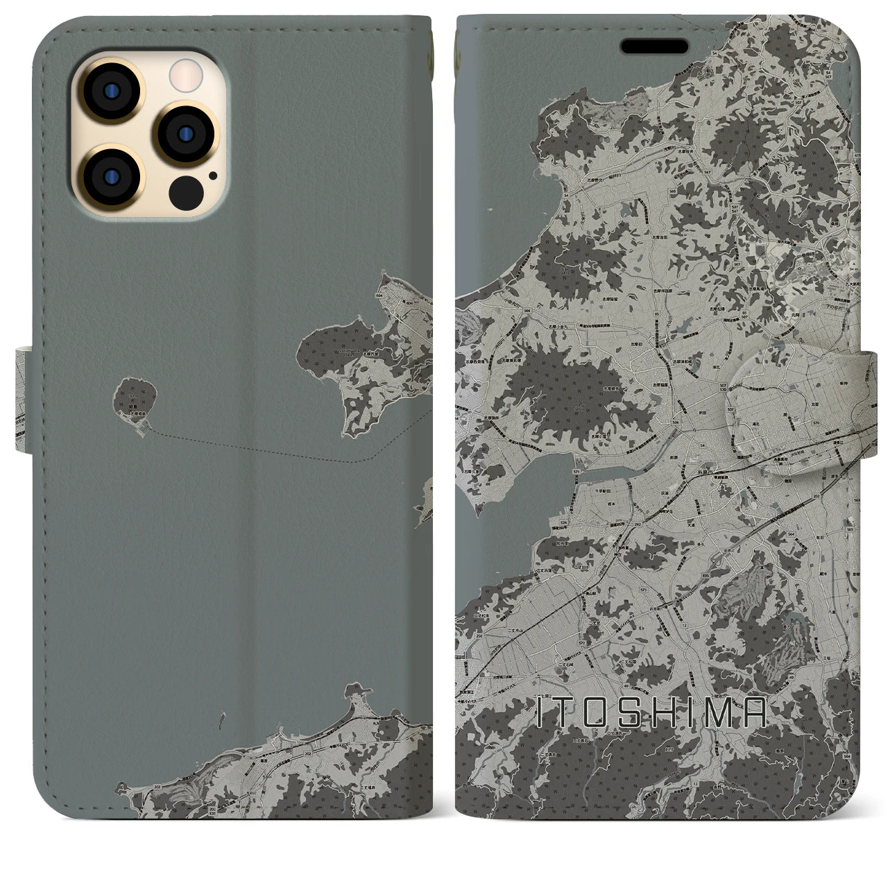 【糸島(福岡県)】地図柄iPhoneケース(手帳タイプ)モノトーン・iPhone 12 Pro Max 用