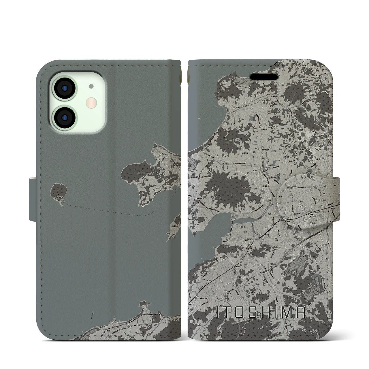 【糸島(福岡県)】地図柄iPhoneケース(手帳タイプ)モノトーン・iPhone 12 mini 用