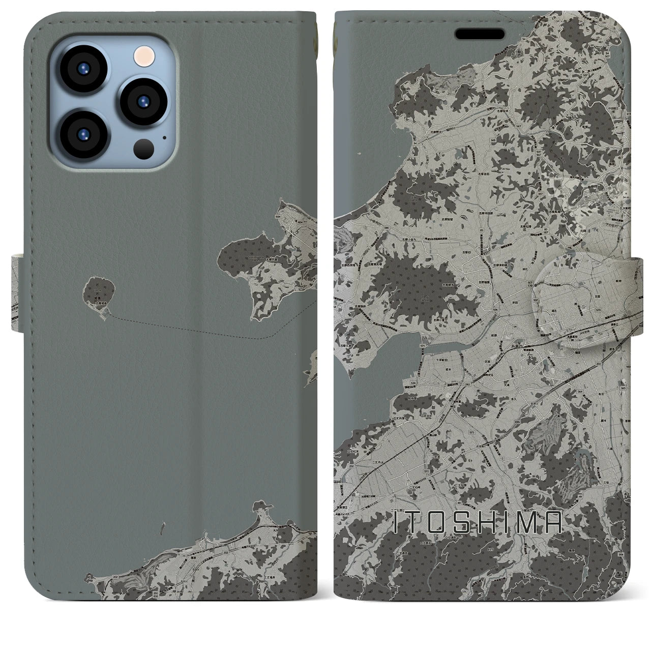 【糸島(福岡県)】地図柄iPhoneケース(手帳タイプ)モノトーン・iPhone 13 Pro Max 用