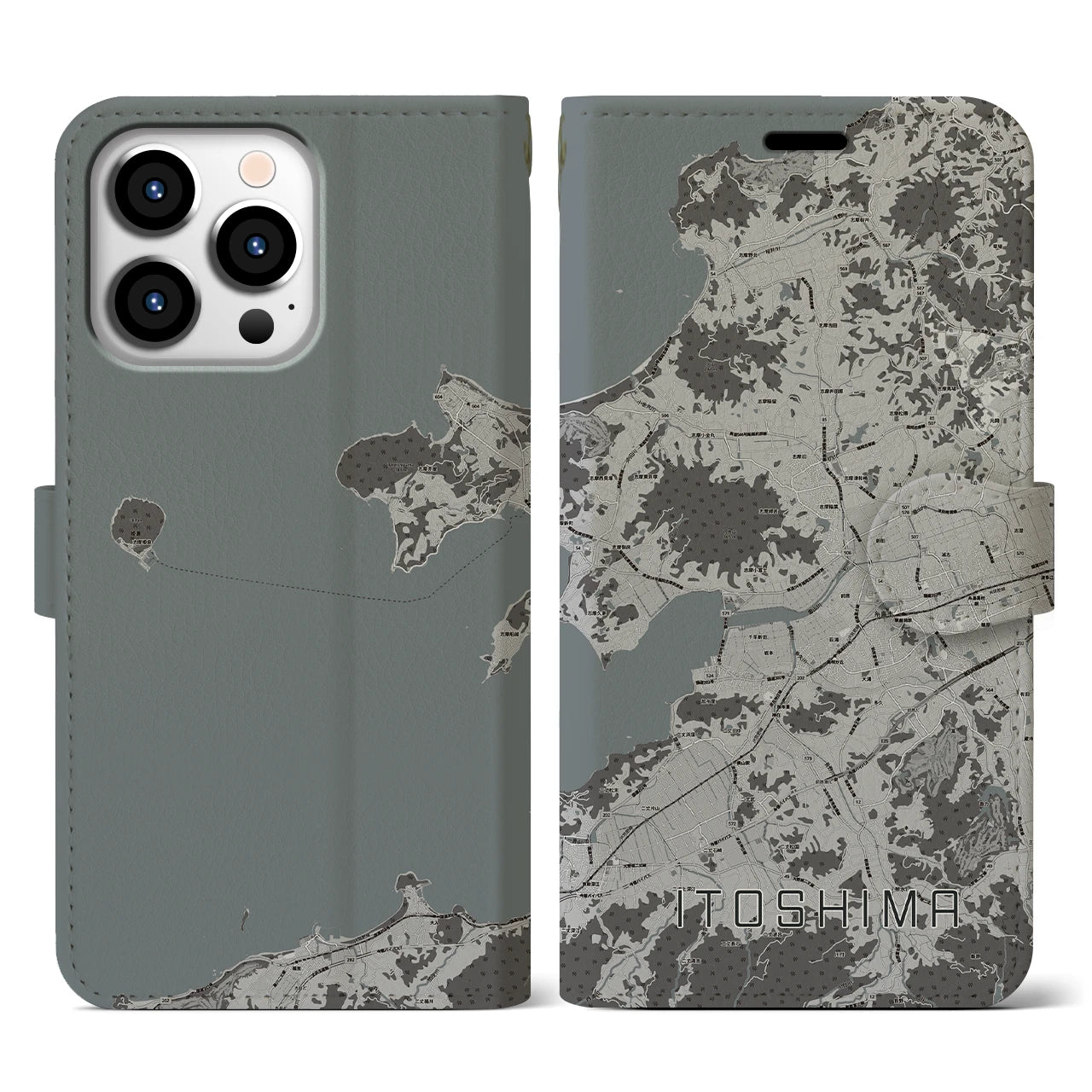 【糸島(福岡県)】地図柄iPhoneケース(手帳タイプ)モノトーン・iPhone 13 Pro 用