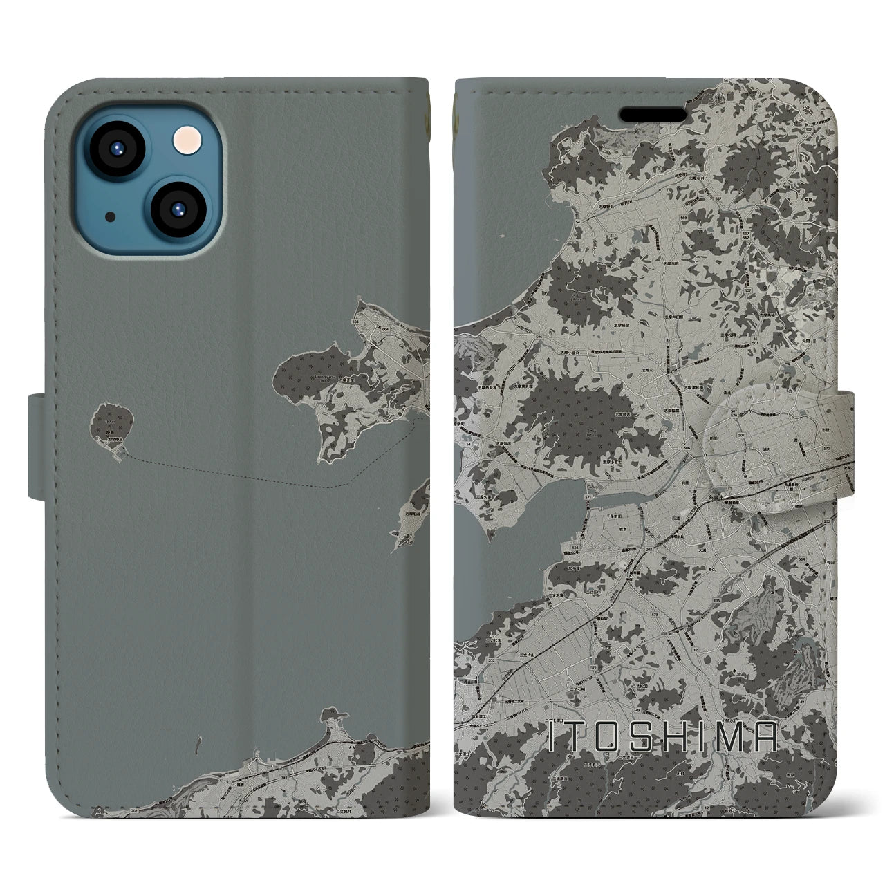 【糸島(福岡県)】地図柄iPhoneケース(手帳タイプ)モノトーン・iPhone 13 用