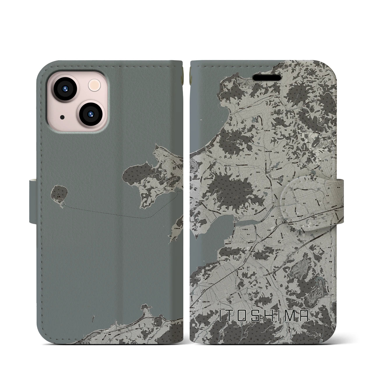 【糸島(福岡県)】地図柄iPhoneケース(手帳タイプ)モノトーン・iPhone 13 mini 用