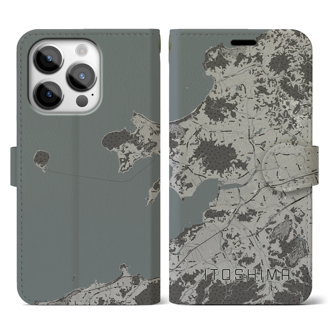 【糸島(福岡県)】地図柄iPhoneケース(手帳タイプ)モノトーン・iPhone 14 Pro 用