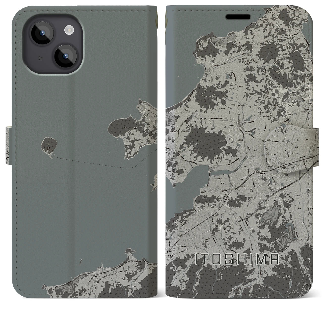 【糸島(福岡県)】地図柄iPhoneケース(手帳タイプ)モノトーン・iPhone 14 Plus 用