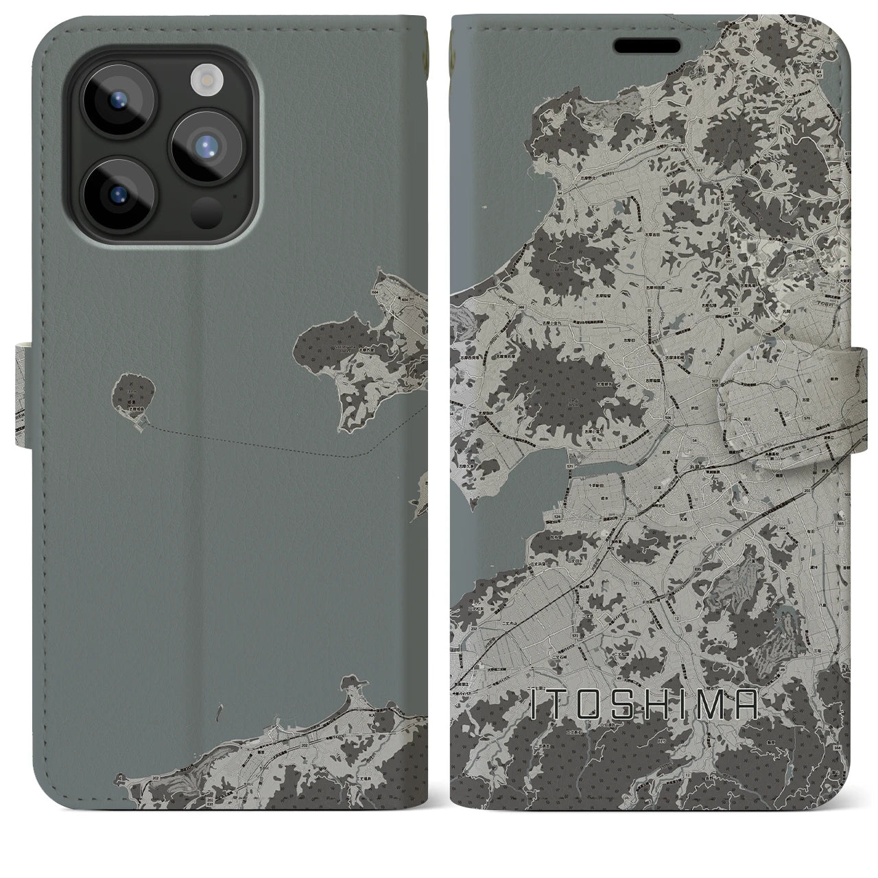 【糸島(福岡県)】地図柄iPhoneケース(手帳タイプ)モノトーン・iPhone 15 Pro Max 用