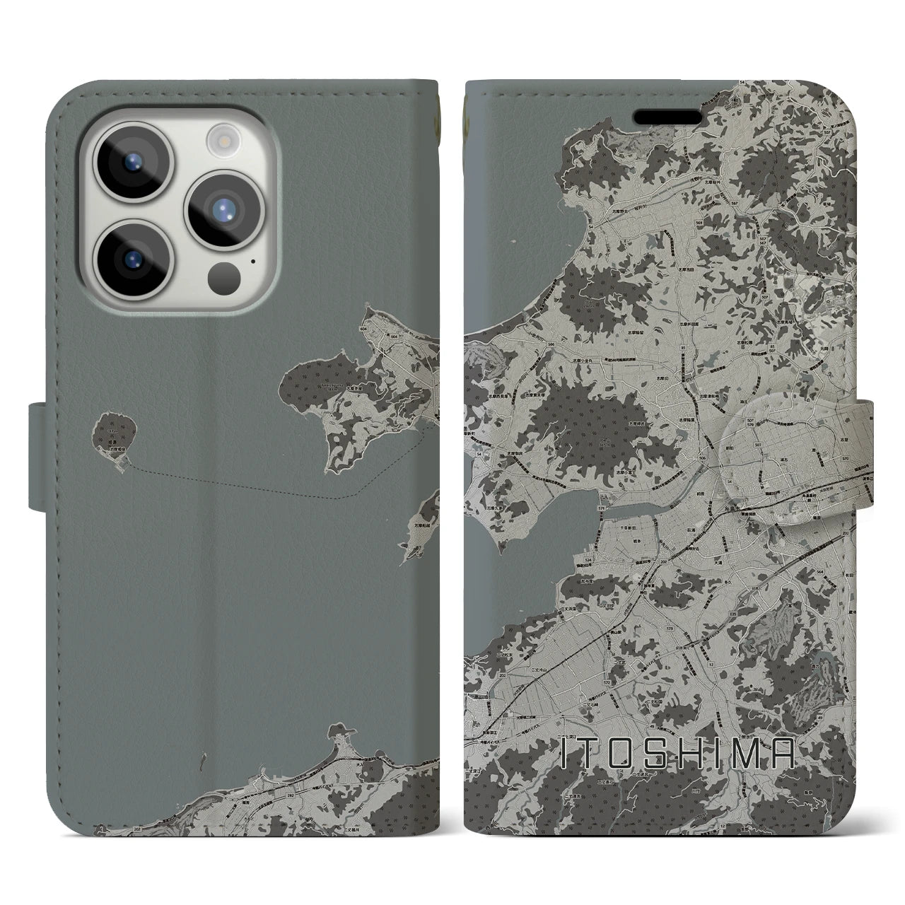 【糸島(福岡県)】地図柄iPhoneケース(手帳タイプ)モノトーン・iPhone 15 Pro 用
