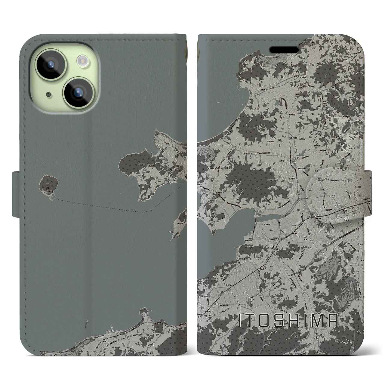 【糸島(福岡県)】地図柄iPhoneケース(手帳タイプ)モノトーン・iPhone 15 用