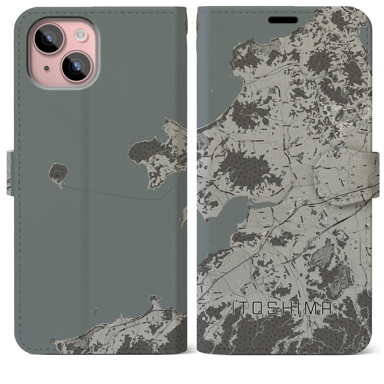 【糸島(福岡県)】地図柄iPhoneケース(手帳タイプ)モノトーン・iPhone 15 Plus 用