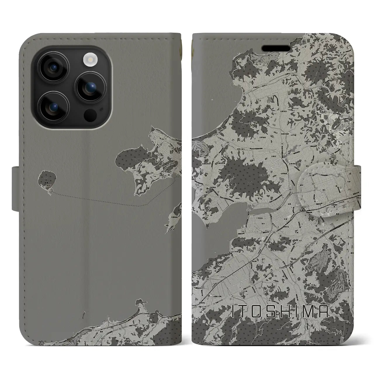 【糸島(福岡県)】地図柄iPhoneケース(手帳タイプ)モノトーン・iPhone 16 用