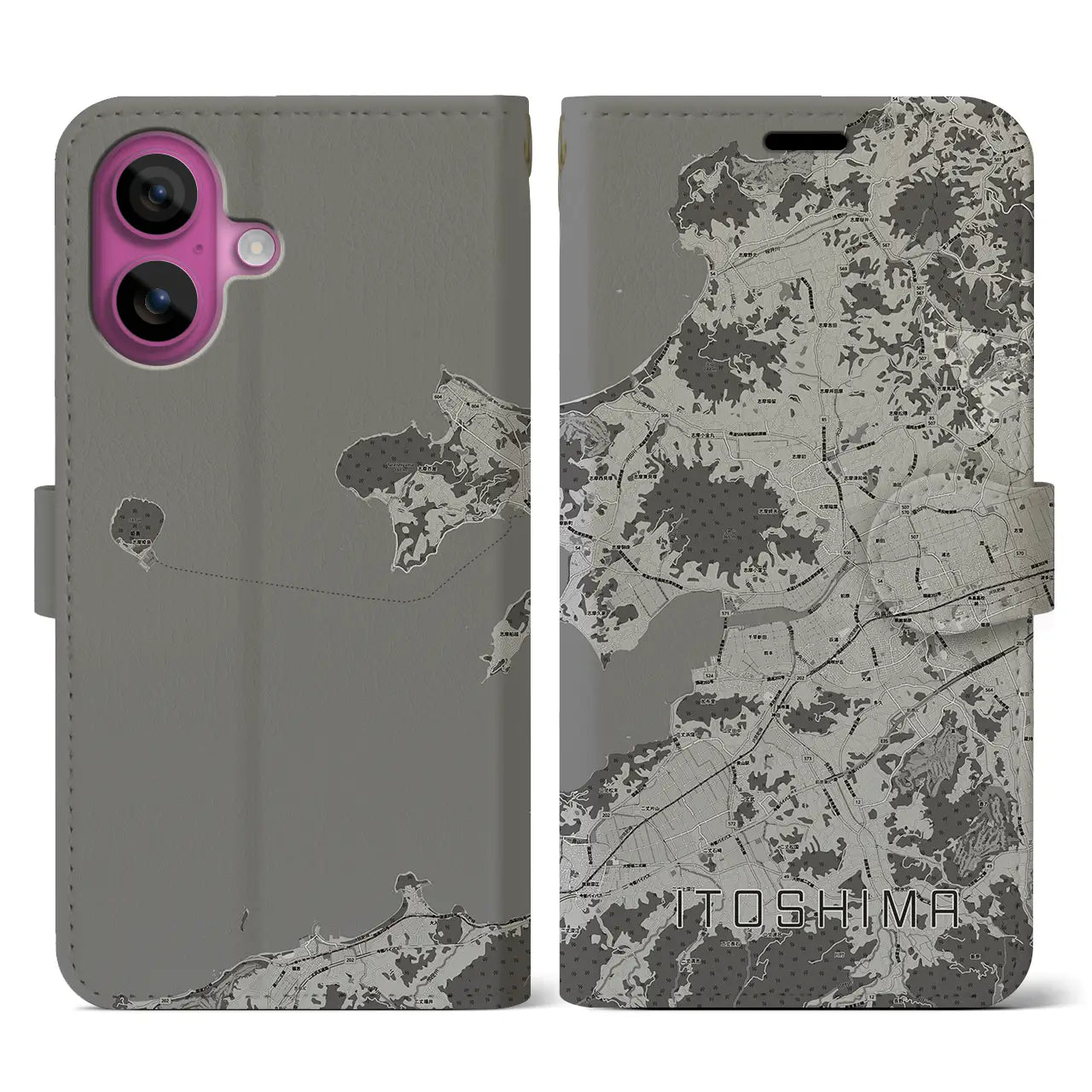 【糸島(福岡県)】地図柄iPhoneケース(手帳タイプ)モノトーン・iPhone 16 Pro 用