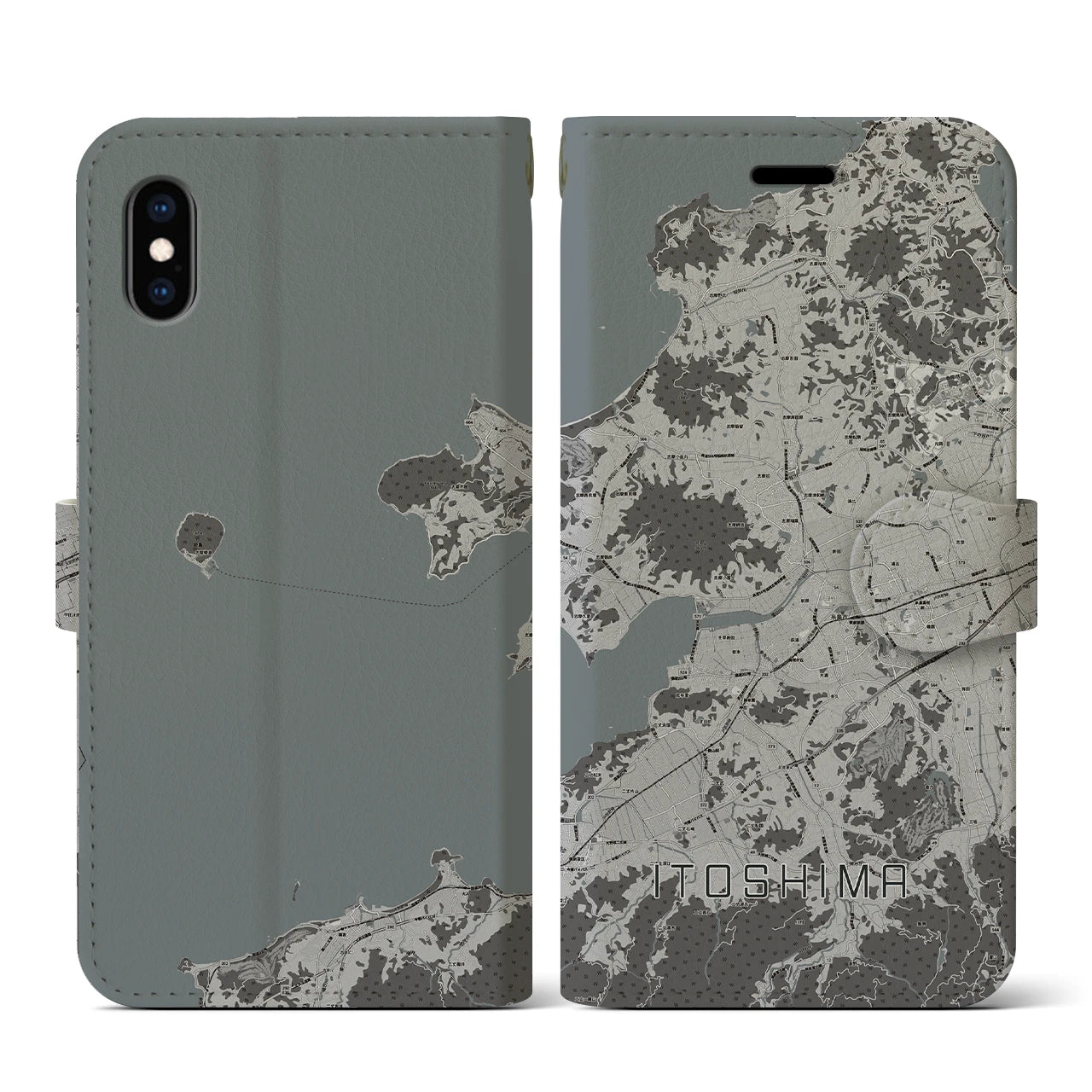 【糸島(福岡県)】地図柄iPhoneケース(手帳タイプ)モノトーン・iPhone XS / X 用