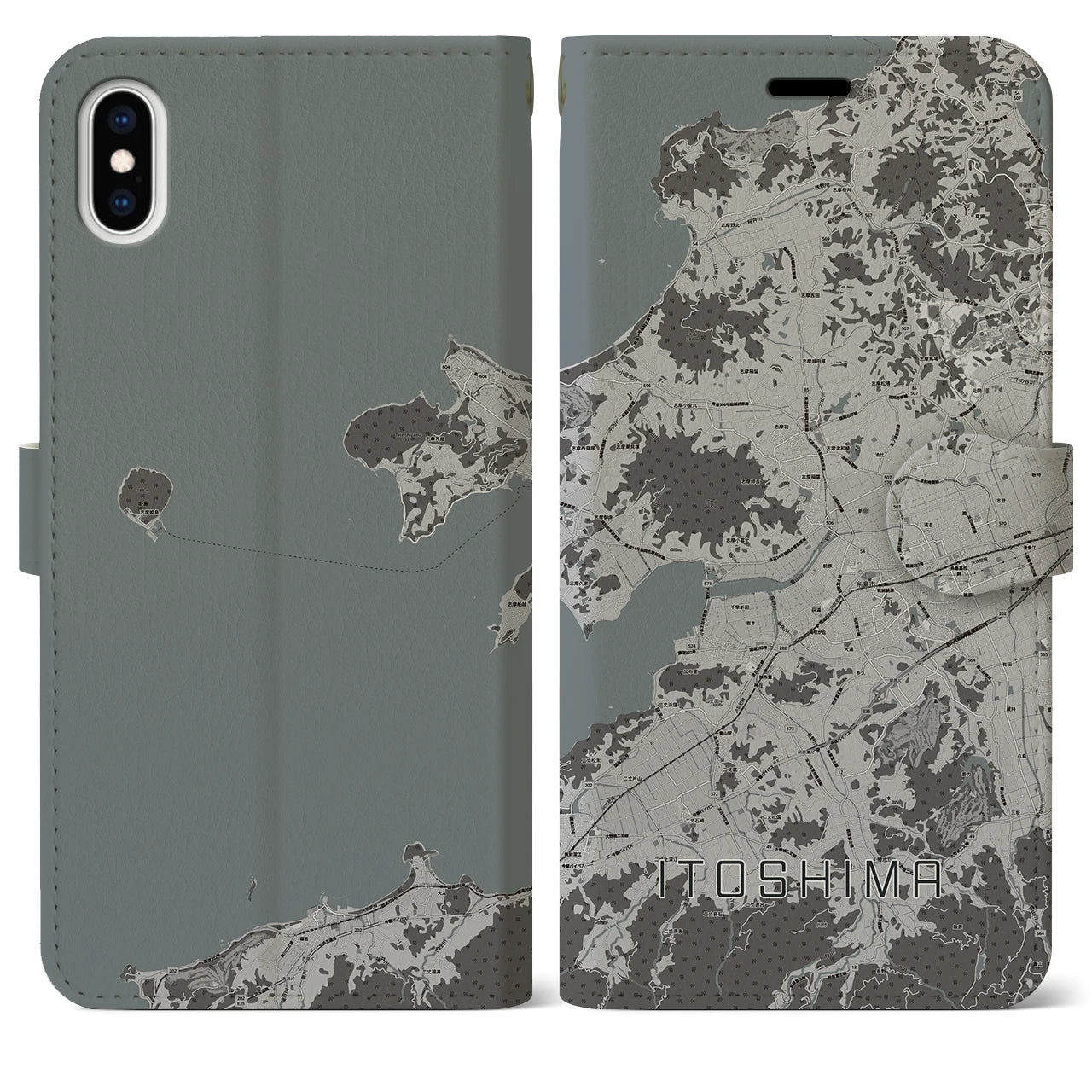 【糸島(福岡県)】地図柄iPhoneケース(手帳タイプ)モノトーン・iPhone XS Max 用