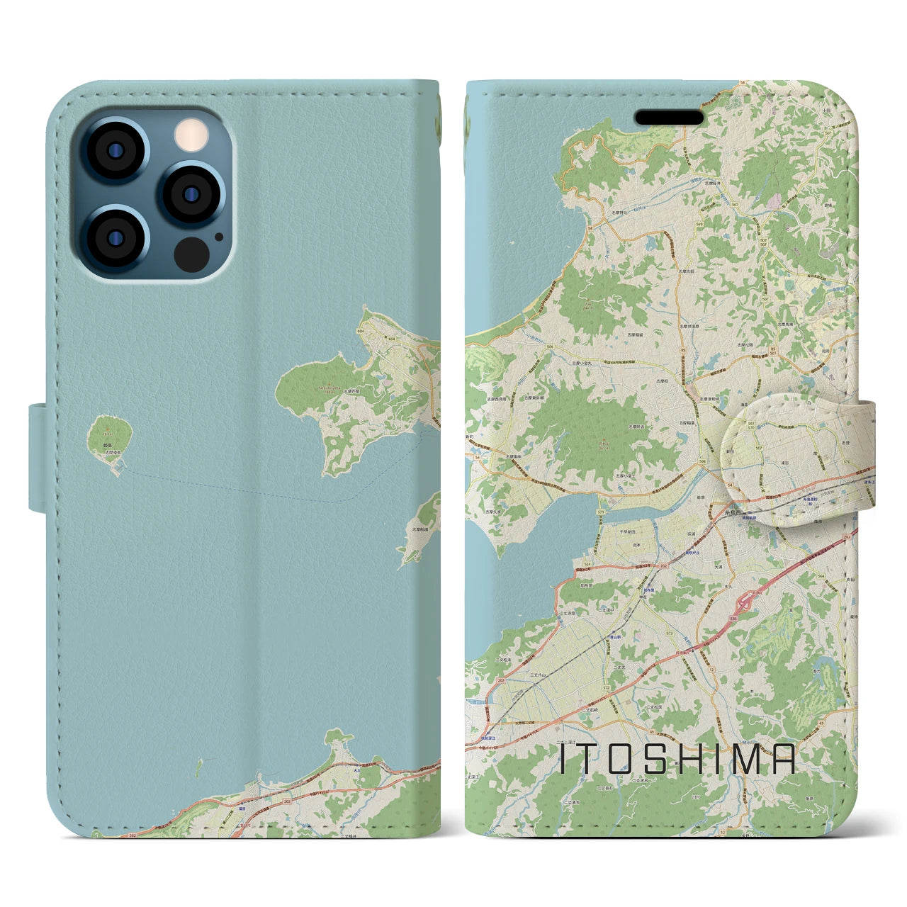 【糸島(福岡県)】地図柄iPhoneケース(手帳タイプ)ナチュラル・iPhone 12 / 12 Pro 用
