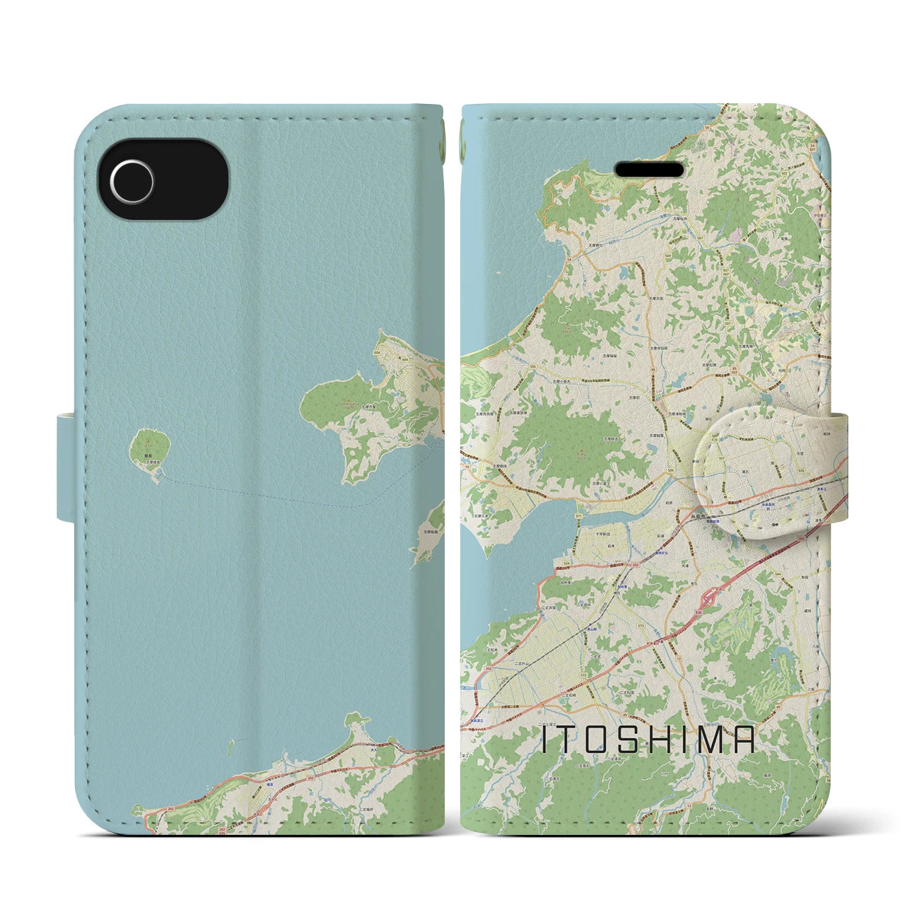 【糸島(福岡県)】地図柄iPhoneケース(手帳タイプ)ナチュラル・iPhone SE(第3 / 第2世代) / 8 / 7 / 6s / 6 用