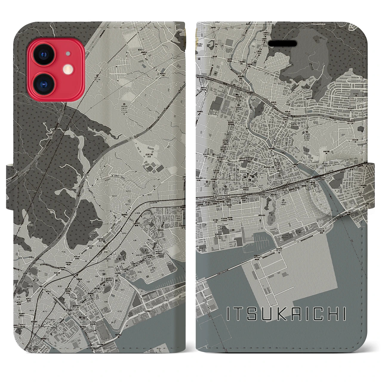 【五日市(広島県)】地図柄iPhoneケース(手帳タイプ)モノトーン・iPhone 11 用