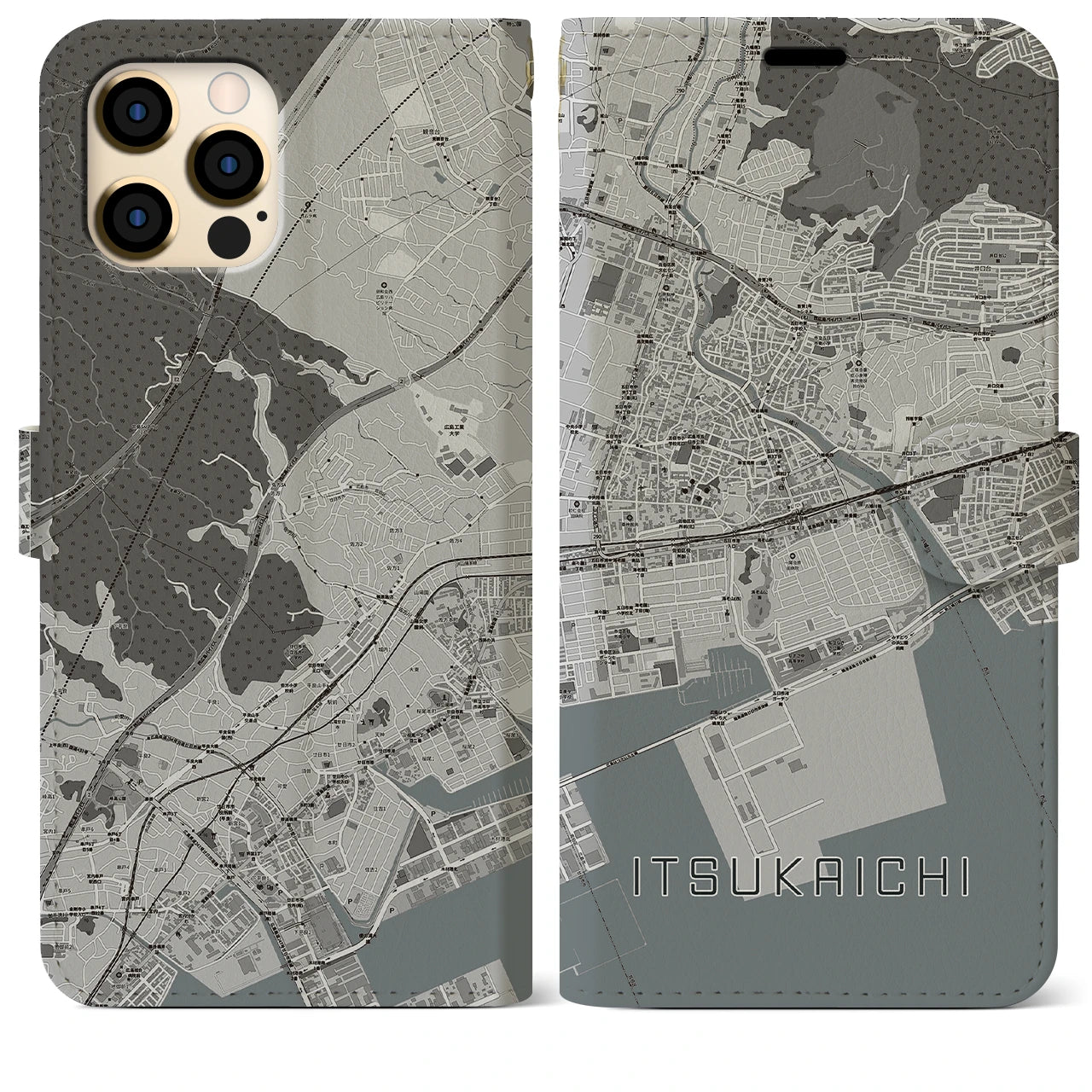 【五日市(広島県)】地図柄iPhoneケース(手帳タイプ)モノトーン・iPhone 12 Pro Max 用