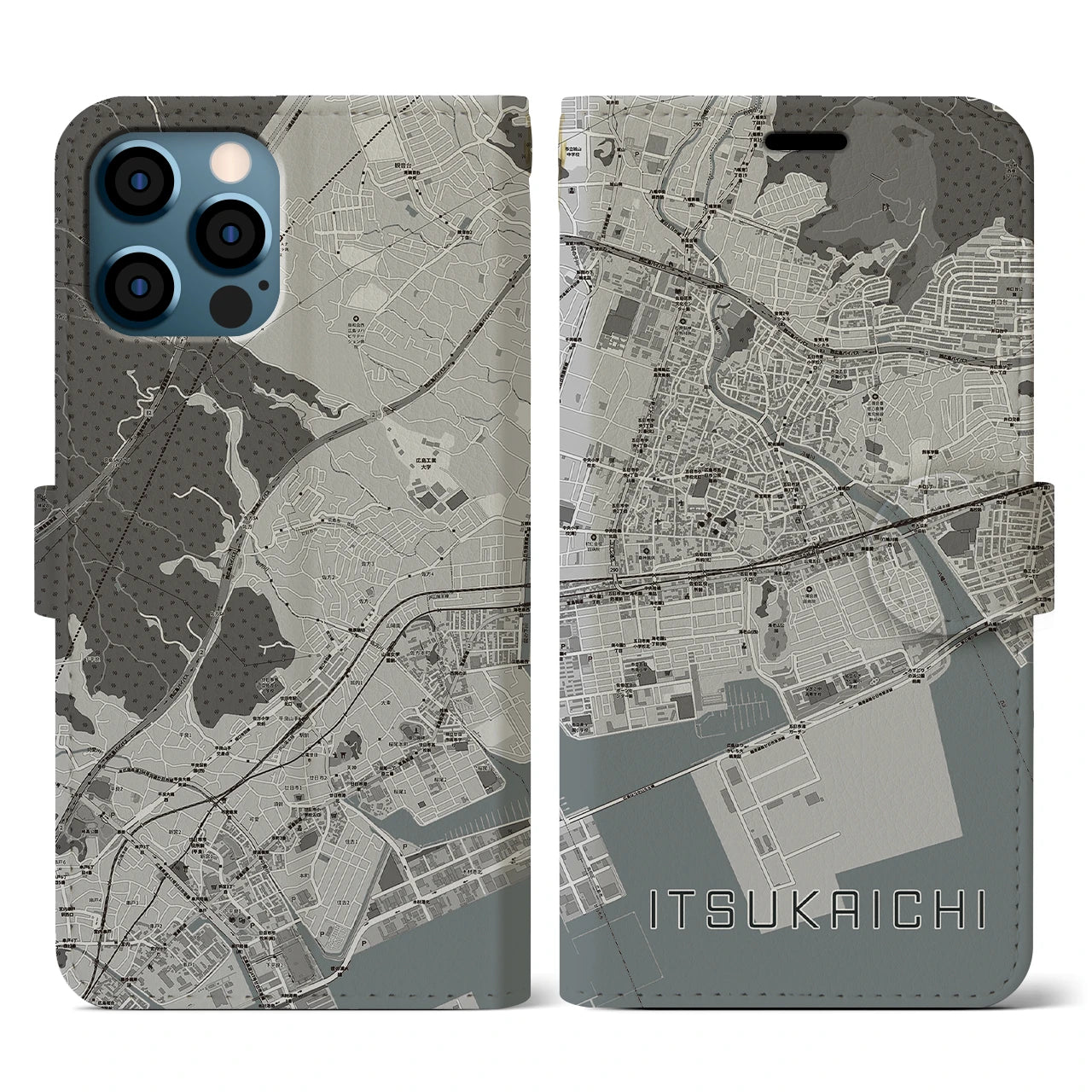 【五日市(広島県)】地図柄iPhoneケース(手帳タイプ)モノトーン・iPhone 12 / 12 Pro 用