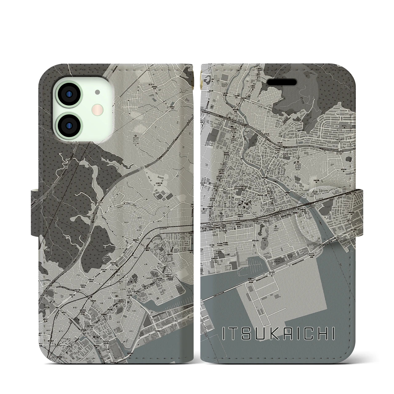 【五日市(広島県)】地図柄iPhoneケース(手帳タイプ)モノトーン・iPhone 12 mini 用