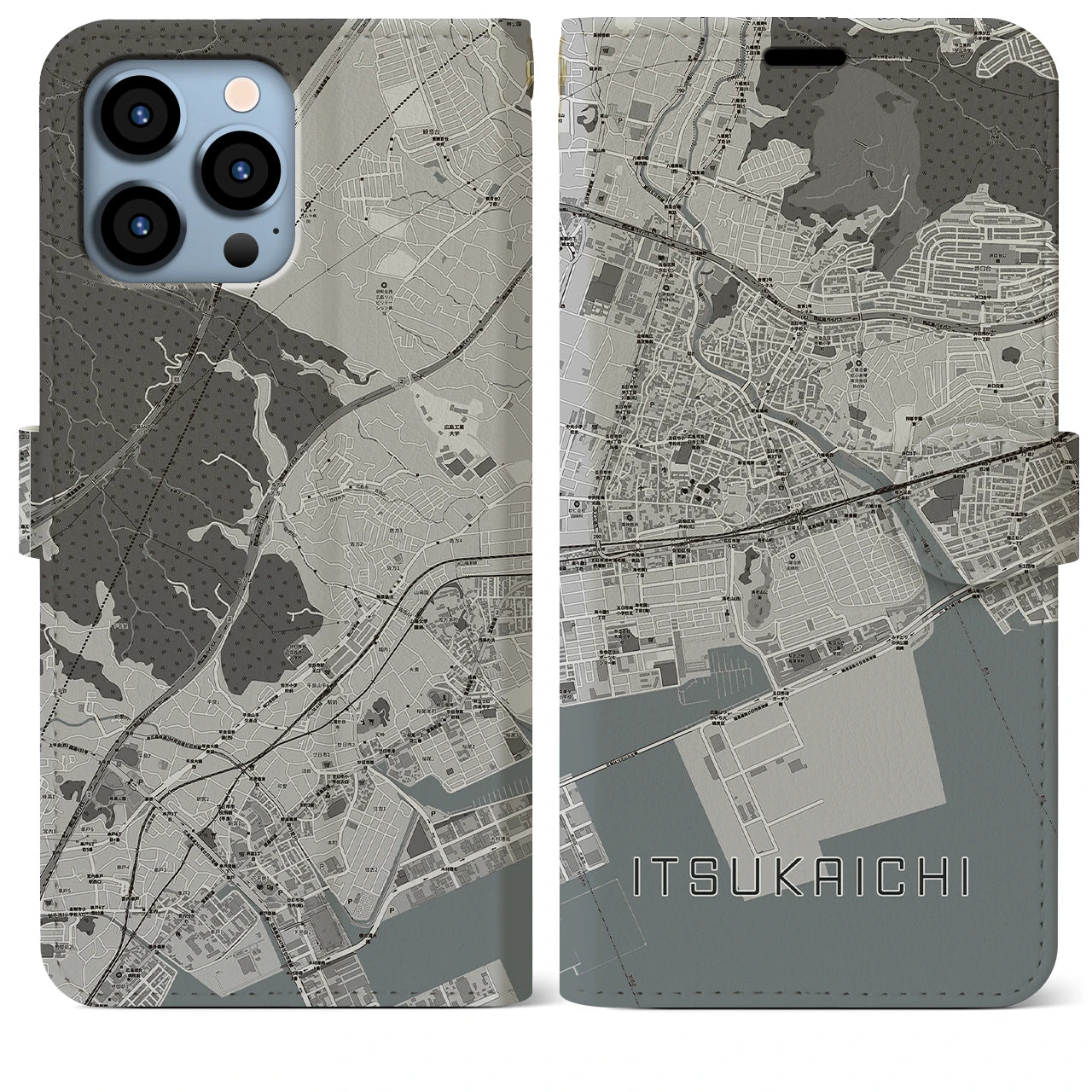 【五日市(広島県)】地図柄iPhoneケース(手帳タイプ)モノトーン・iPhone 13 Pro Max 用