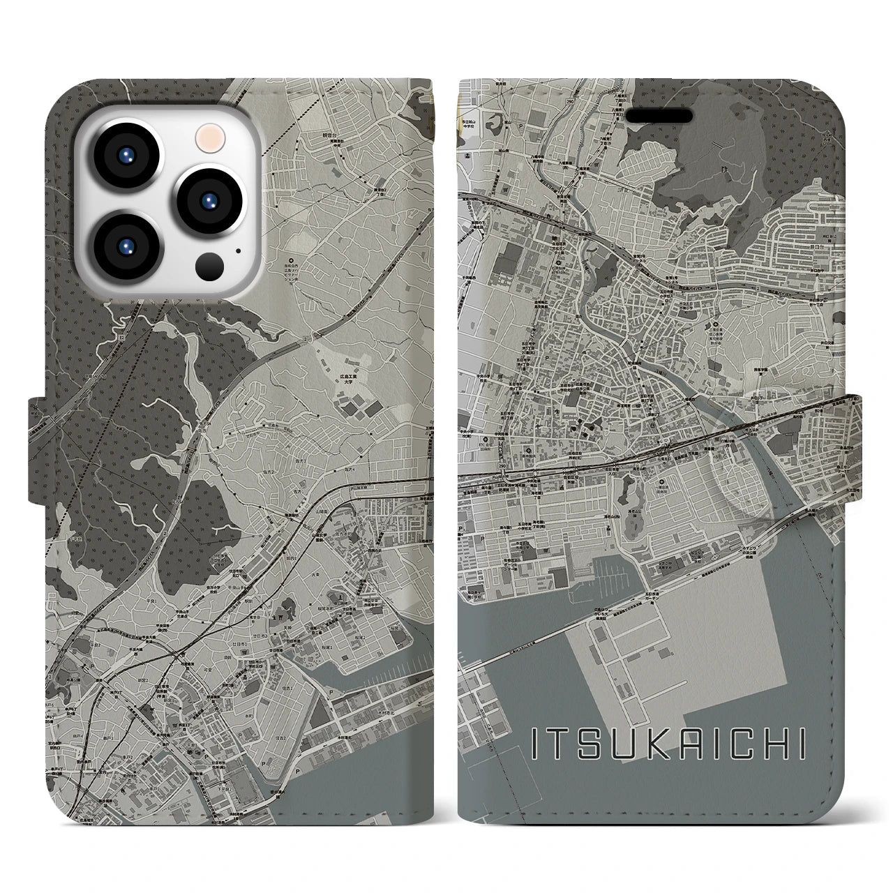【五日市(広島県)】地図柄iPhoneケース(手帳タイプ)モノトーン・iPhone 13 Pro 用