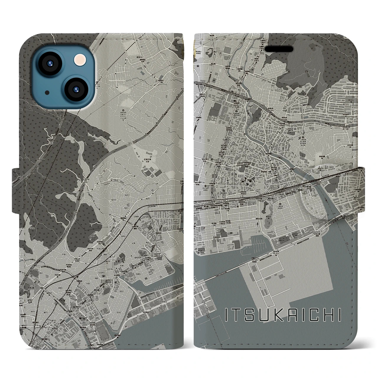 【五日市(広島県)】地図柄iPhoneケース(手帳タイプ)モノトーン・iPhone 13 用