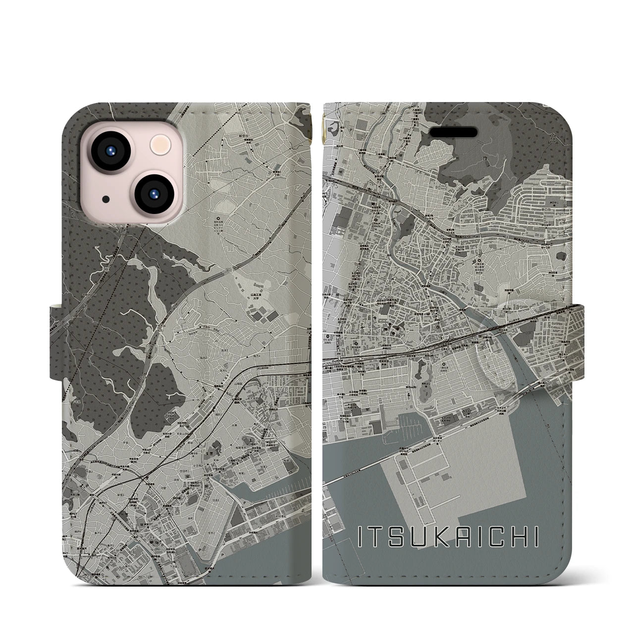 【五日市(広島県)】地図柄iPhoneケース(手帳タイプ)モノトーン・iPhone 13 mini 用