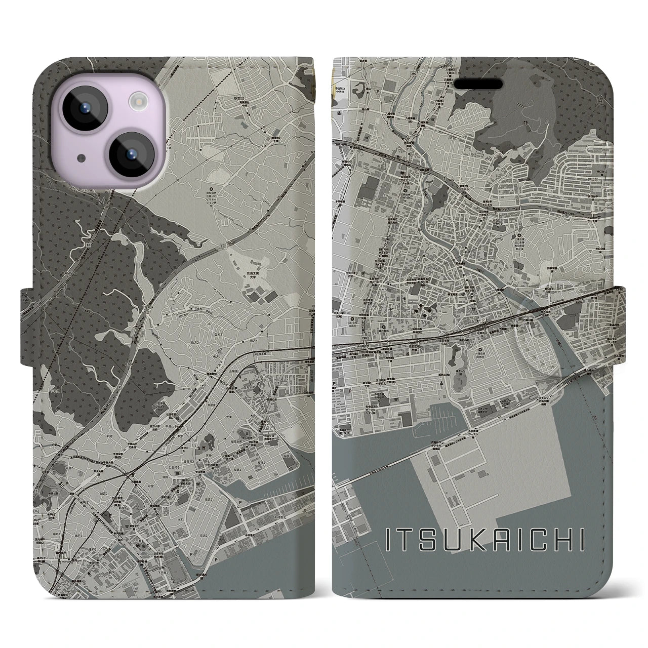 【五日市(広島県)】地図柄iPhoneケース(手帳タイプ)モノトーン・iPhone 14 用