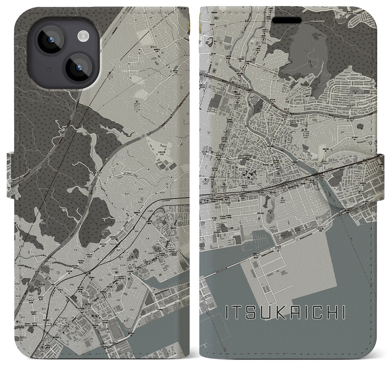 【五日市(広島県)】地図柄iPhoneケース(手帳タイプ)モノトーン・iPhone 14 Plus 用