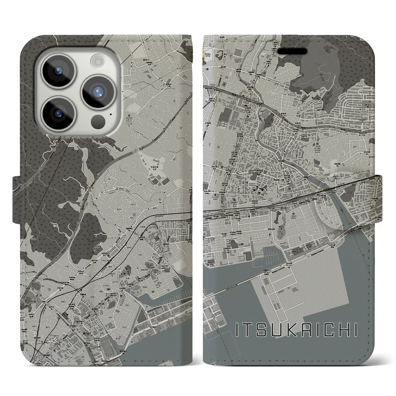 【五日市(広島県)】地図柄iPhoneケース(手帳タイプ)モノトーン・iPhone 15 Pro 用