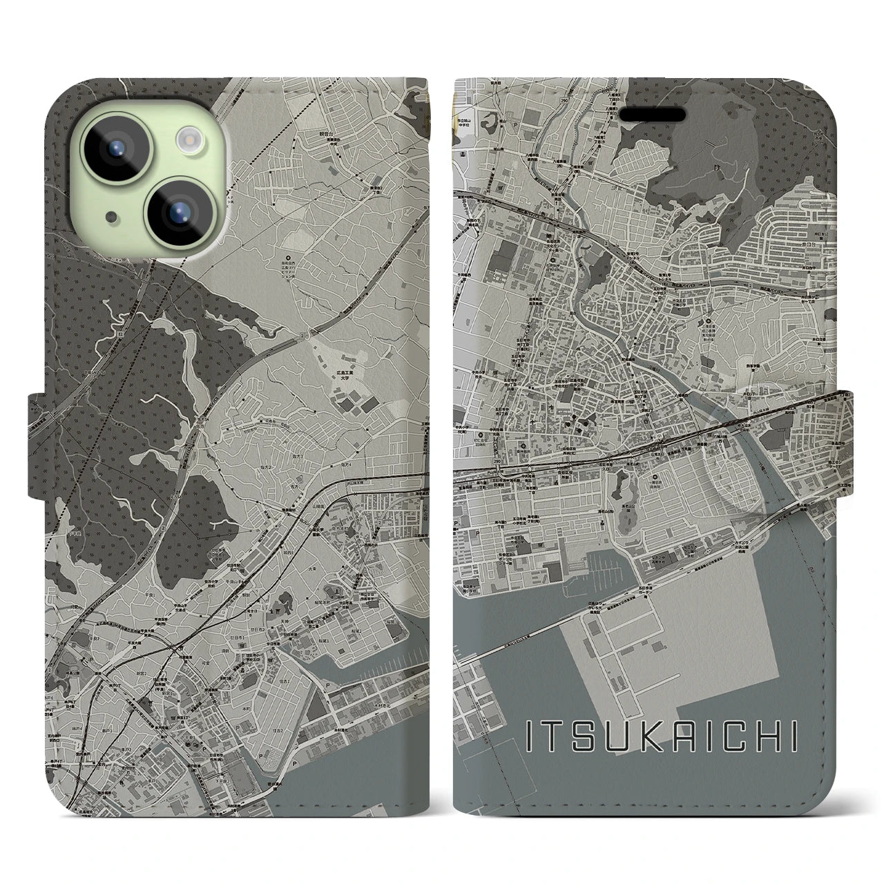 【五日市(広島県)】地図柄iPhoneケース(手帳タイプ)モノトーン・iPhone 15 用