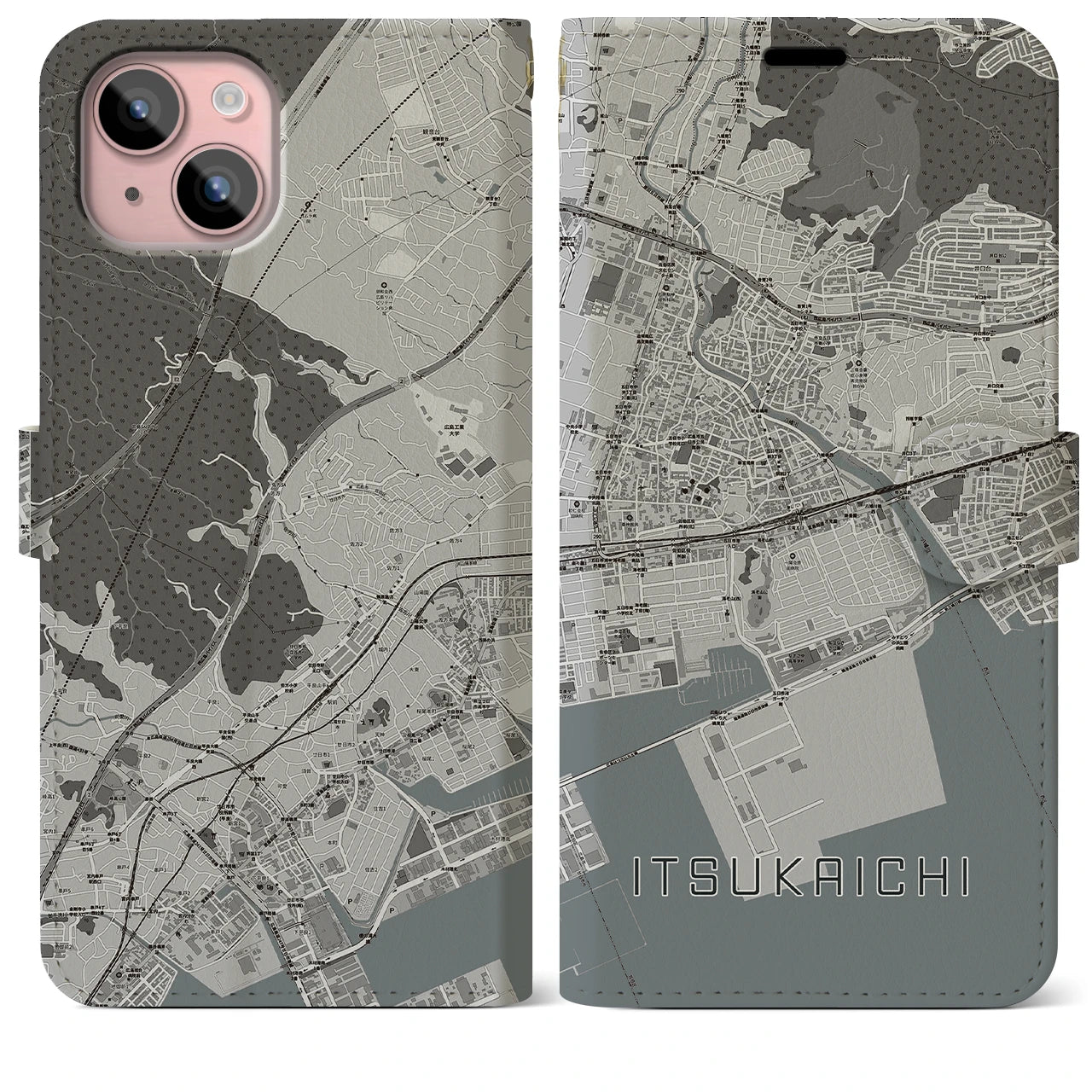 【五日市(広島県)】地図柄iPhoneケース(手帳タイプ)モノトーン・iPhone 15 Plus 用