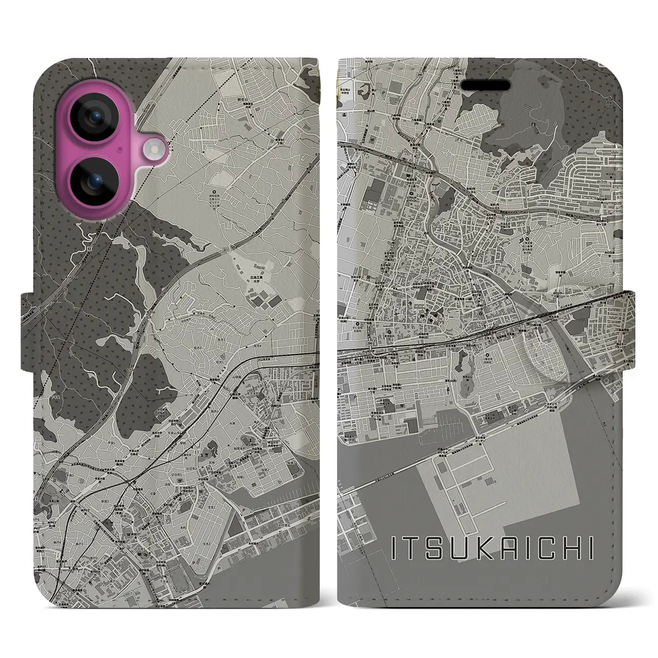 【五日市(広島県)】地図柄iPhoneケース(手帳タイプ)モノトーン・iPhone 16 Pro 用