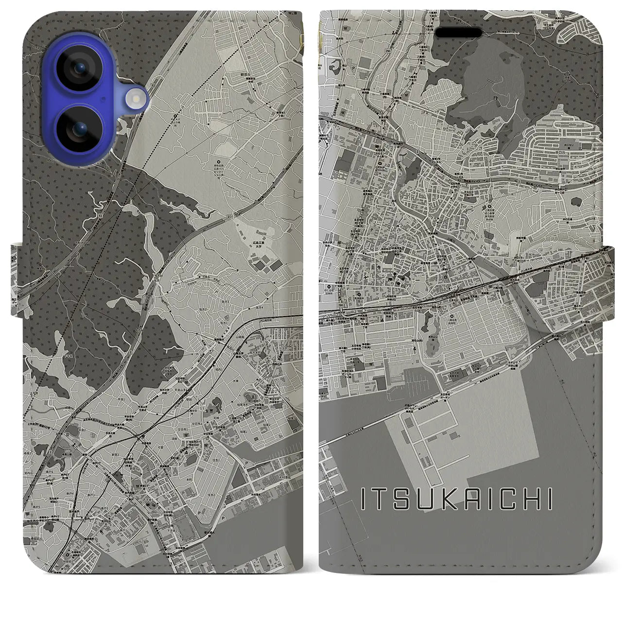【五日市(広島県)】地図柄iPhoneケース(手帳タイプ)モノトーン・iPhone 16 Pro Max 用