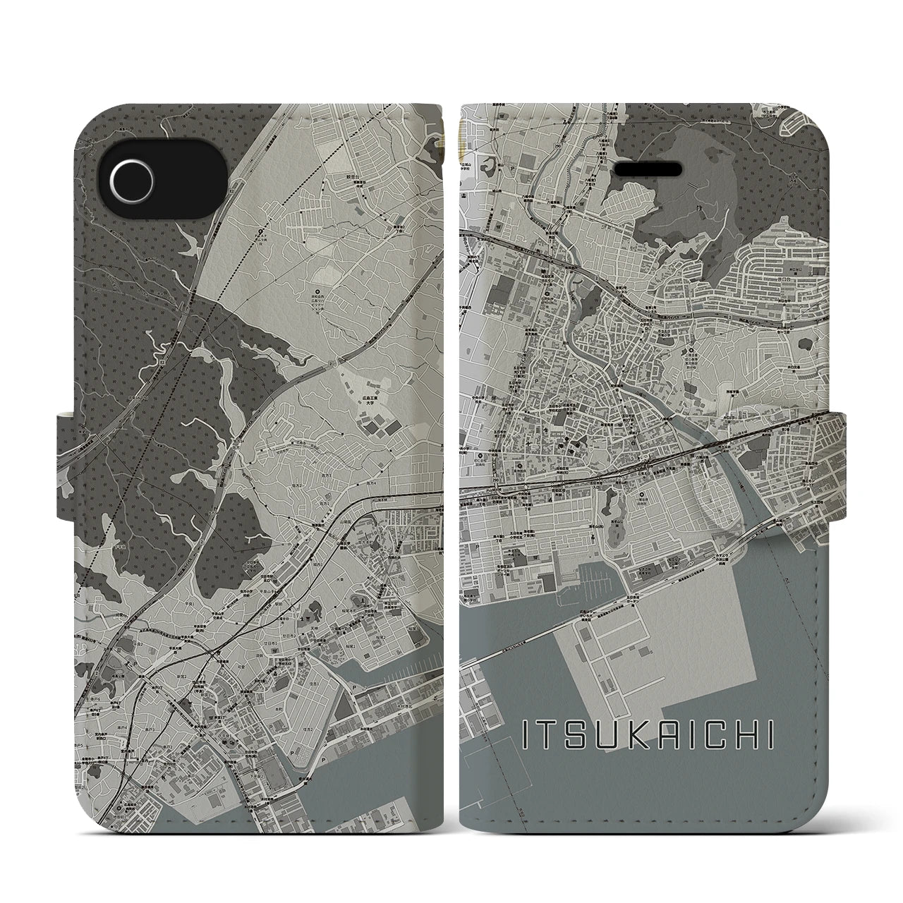 【五日市(広島県)】地図柄iPhoneケース(手帳タイプ)モノトーン・iPhone SE(第3 / 第2世代) / 8 / 7 / 6s / 6 用