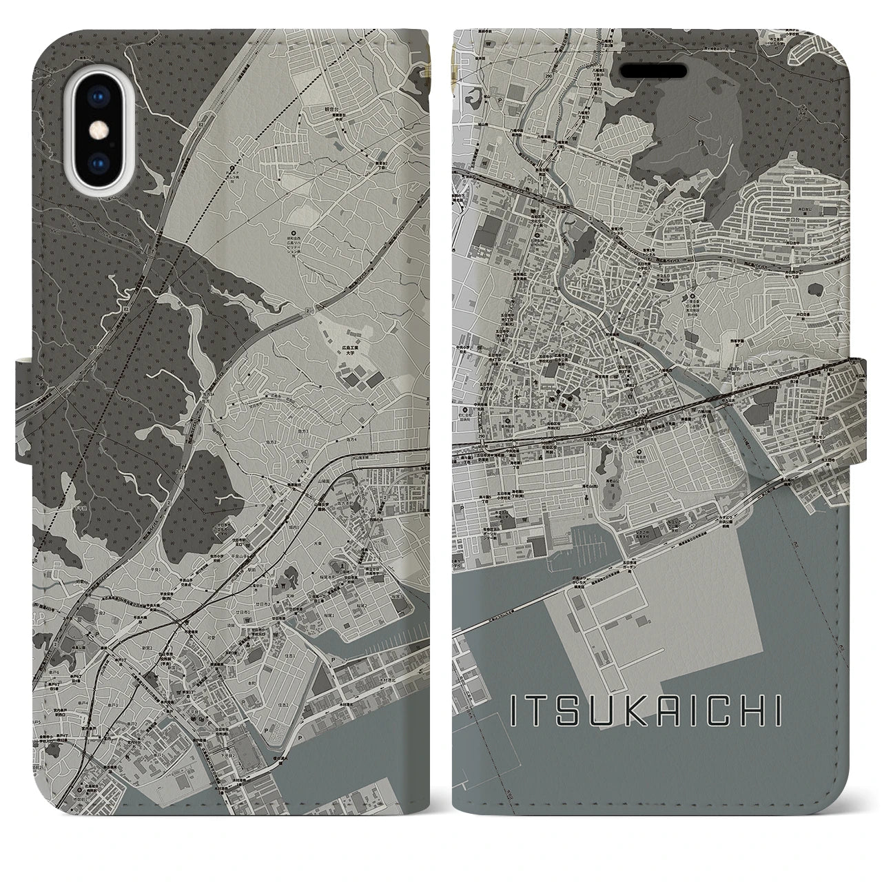 【五日市(広島県)】地図柄iPhoneケース(手帳タイプ)モノトーン・iPhone XS Max 用