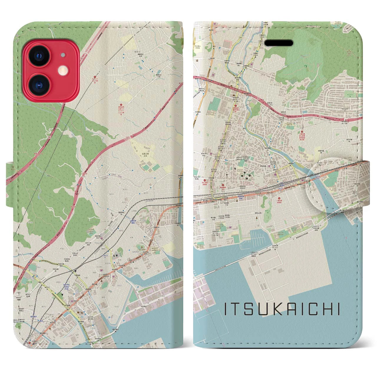 【五日市(広島県)】地図柄iPhoneケース(手帳タイプ)ナチュラル・iPhone 11 用