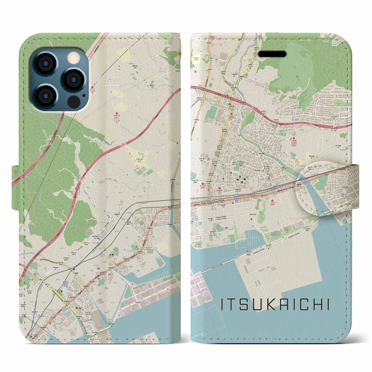 【五日市(広島県)】地図柄iPhoneケース(手帳タイプ)ナチュラル・iPhone 12 / 12 Pro 用