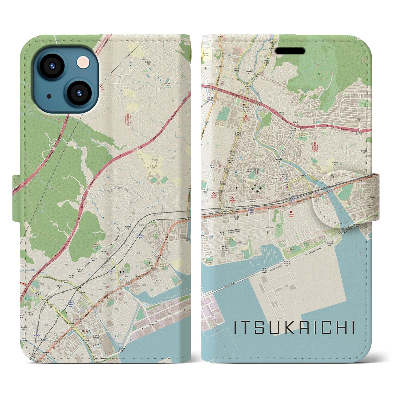 【五日市(広島県)】地図柄iPhoneケース(手帳タイプ)ナチュラル・iPhone 13 用
