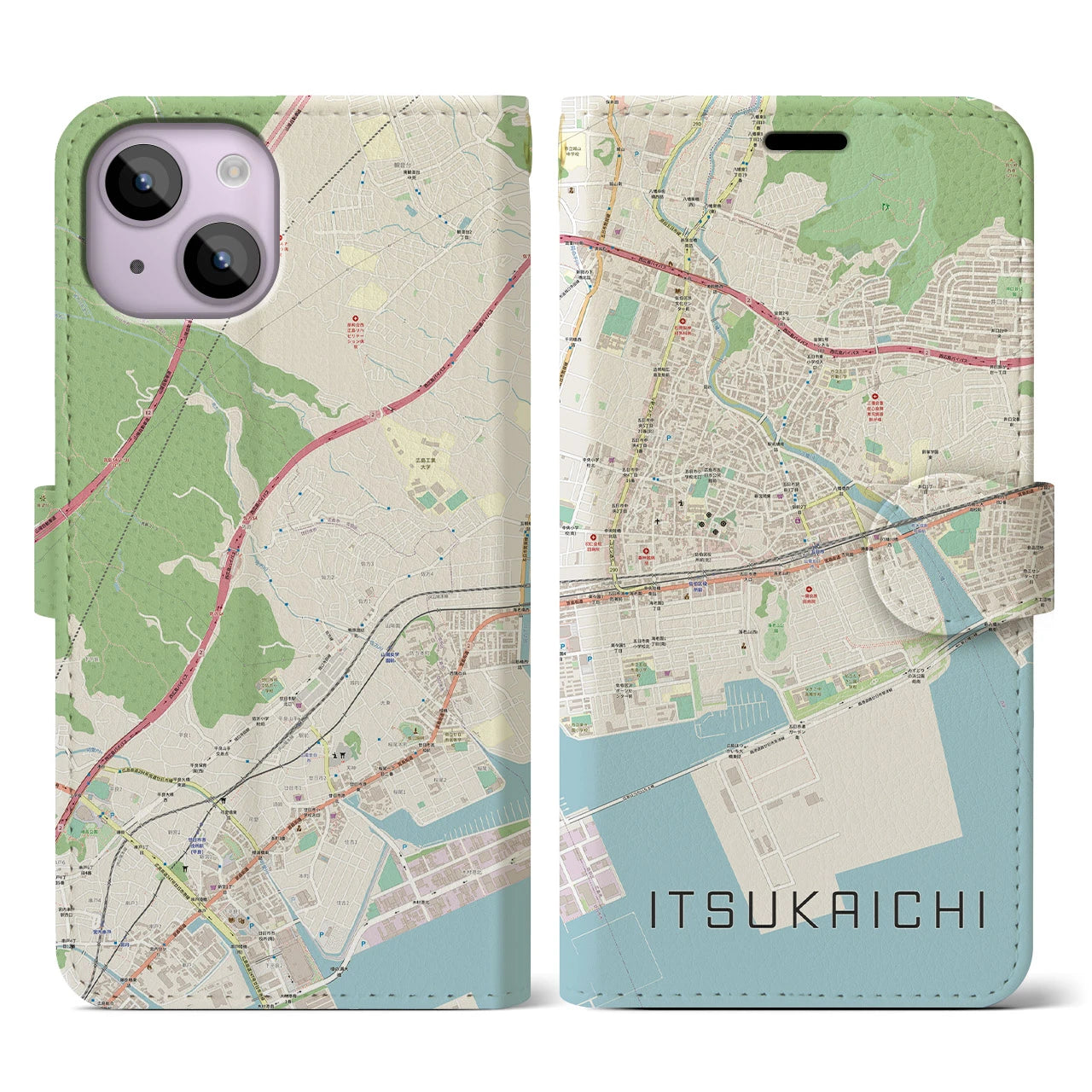 【五日市(広島県)】地図柄iPhoneケース(手帳タイプ)ナチュラル・iPhone 14 用