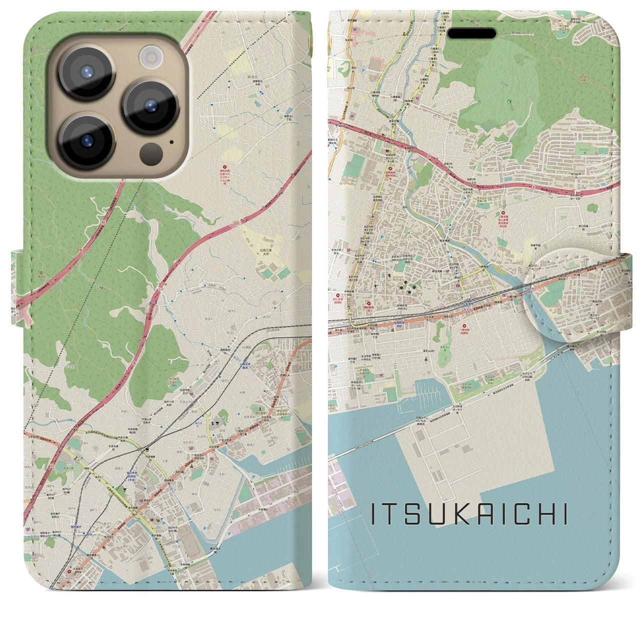 【五日市(広島県)】地図柄iPhoneケース(手帳タイプ)ナチュラル・iPhone 14 Pro Max 用