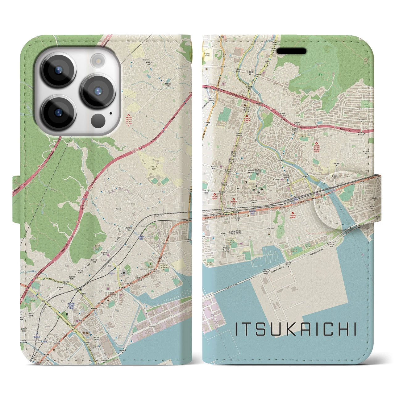 【五日市(広島県)】地図柄iPhoneケース(手帳タイプ)ナチュラル・iPhone 14 Pro 用
