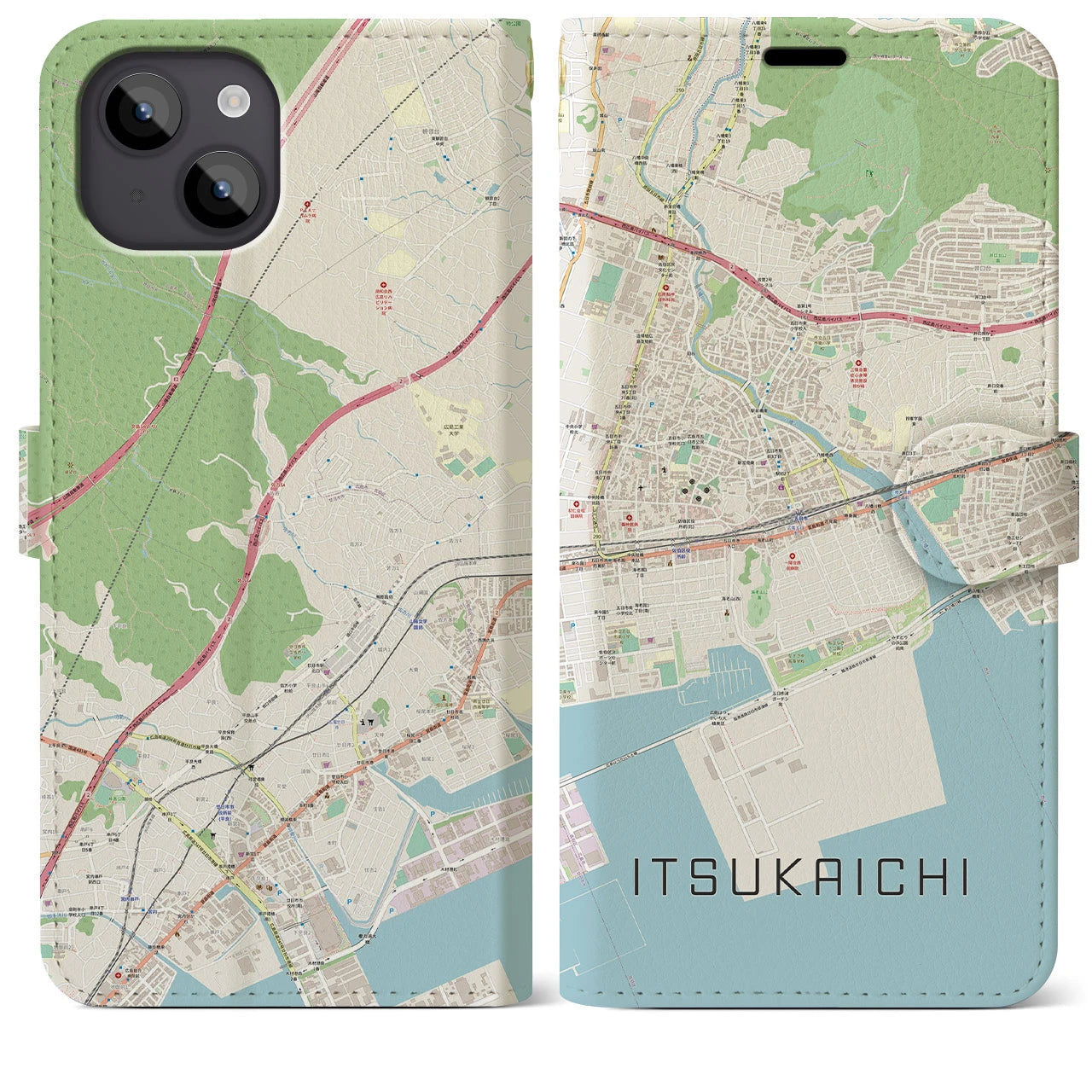【五日市(広島県)】地図柄iPhoneケース(手帳タイプ)ナチュラル・iPhone 14 Plus 用