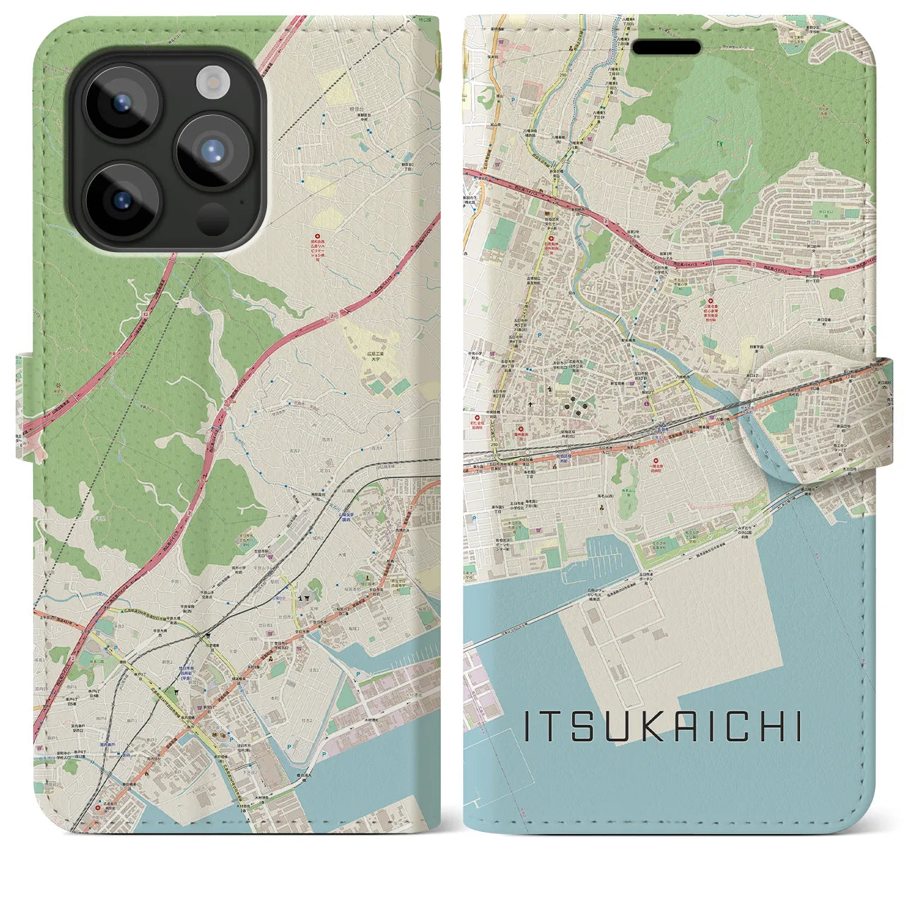 【五日市(広島県)】地図柄iPhoneケース(手帳タイプ)ナチュラル・iPhone 15 Pro Max 用