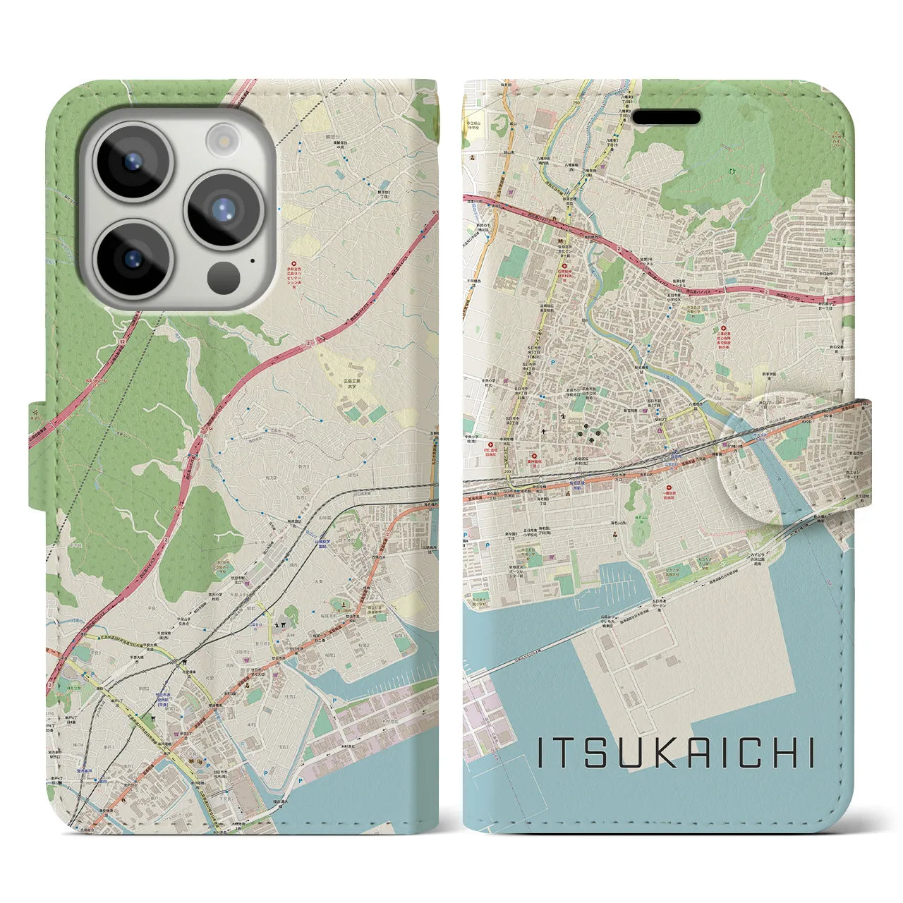 【五日市(広島県)】地図柄iPhoneケース(手帳タイプ)ナチュラル・iPhone 15 Pro 用