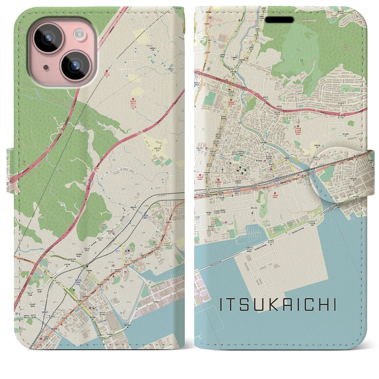 【五日市(広島県)】地図柄iPhoneケース(手帳タイプ)ナチュラル・iPhone 15 Plus 用