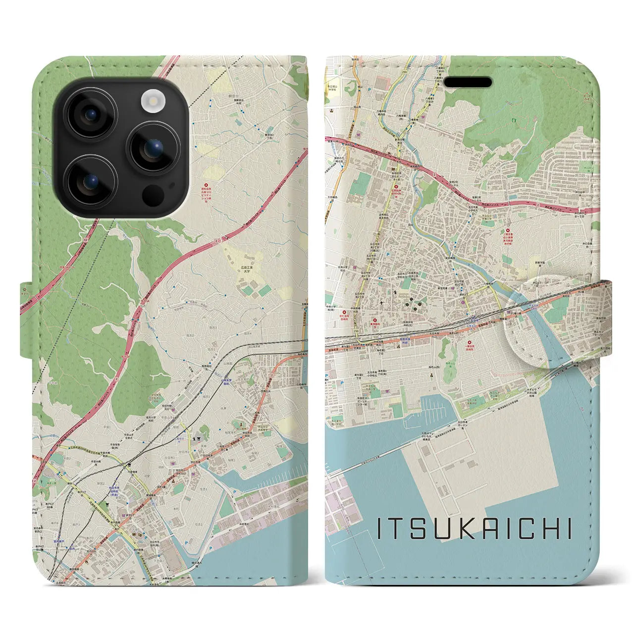 【五日市(広島県)】地図柄iPhoneケース(手帳タイプ)ナチュラル・iPhone 16 用