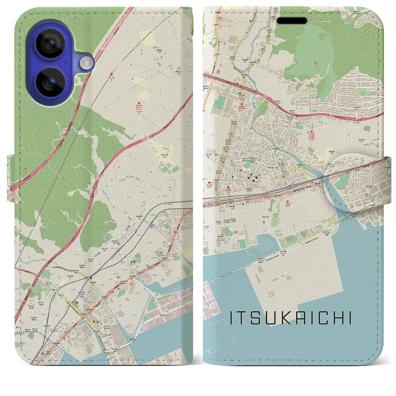 【五日市(広島県)】地図柄iPhoneケース(手帳タイプ)ナチュラル・iPhone 16 Pro Max 用