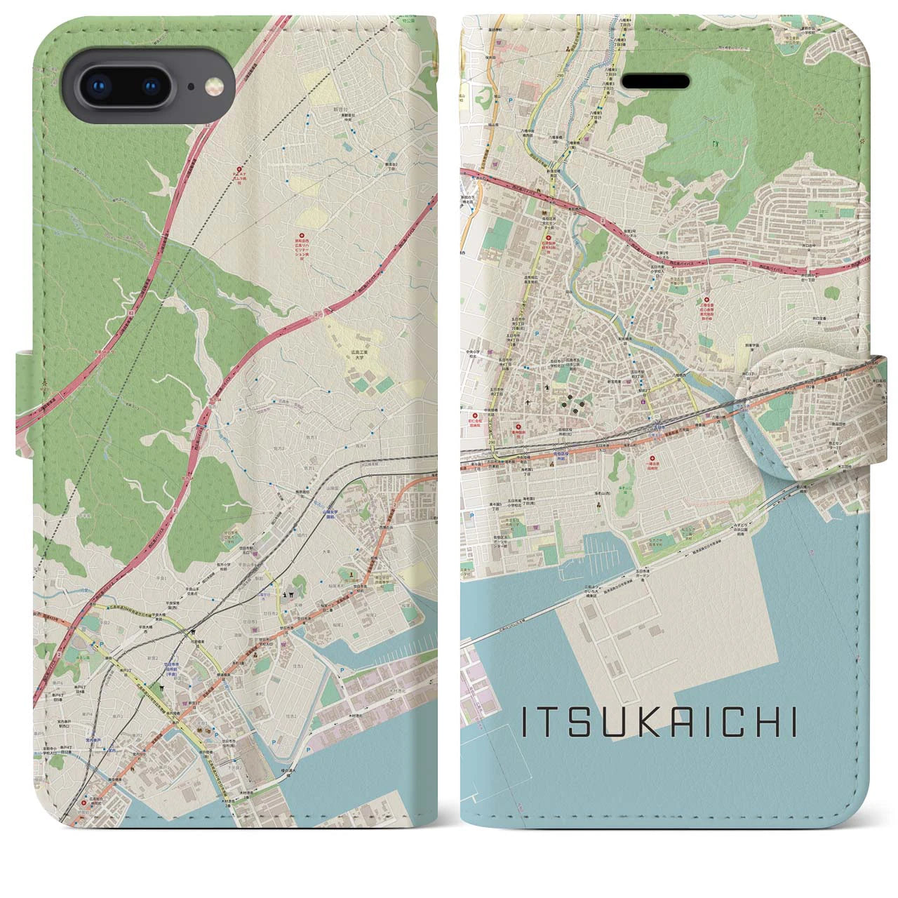 【五日市(広島県)】地図柄iPhoneケース(手帳タイプ)ナチュラル・iPhone 8Plus /7Plus / 6sPlus / 6Plus 用