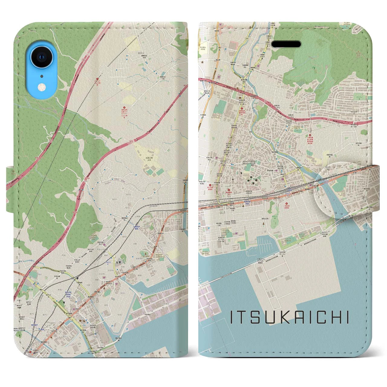 【五日市(広島県)】地図柄iPhoneケース(手帳タイプ)ナチュラル・iPhone XR 用