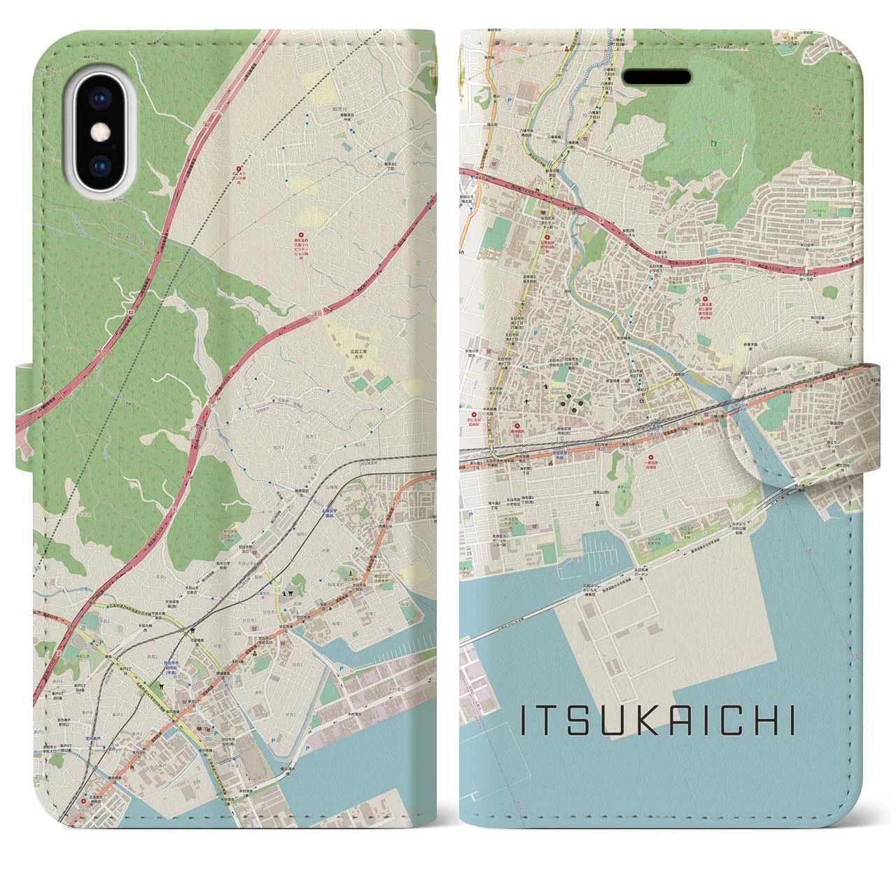 【五日市(広島県)】地図柄iPhoneケース(手帳タイプ)ナチュラル・iPhone XS Max 用
